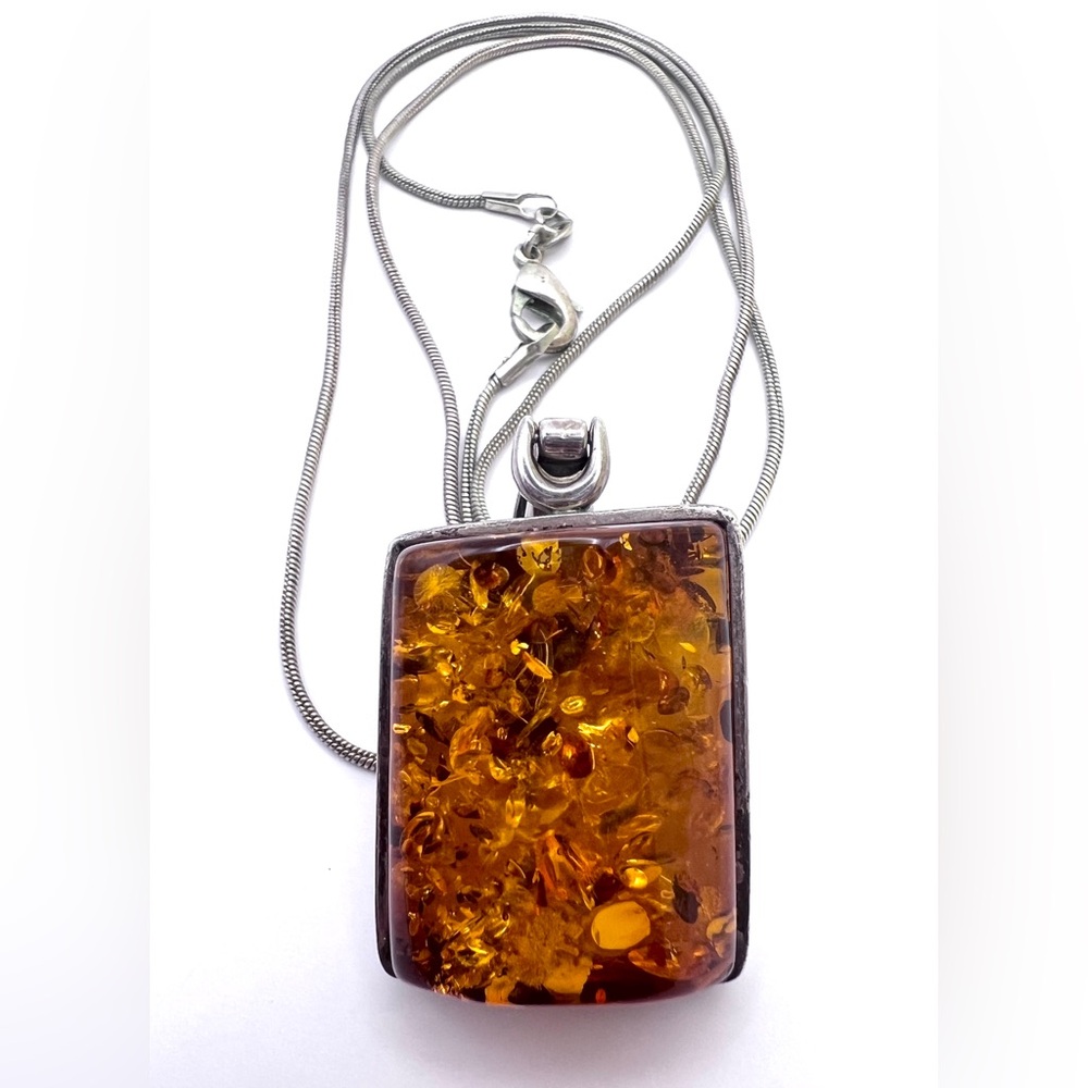 Vintage 925 Sterling Silver & Baltic Amber Pendant Necklace